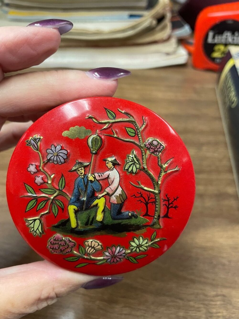 Hand-Painted Red Asian Style Decorative Tin Box With Floral & Landscape Design 3